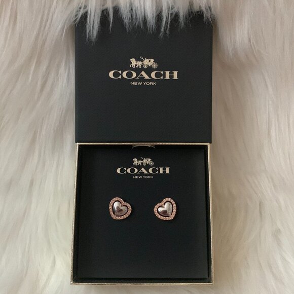 COACH  Pave Halo Heart Stud Earrings in Pink/Silver - Picture 1 of 2